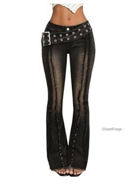 Y2K Grunge Raw Trim Flare Jeans Low Rise Bootcut Pants